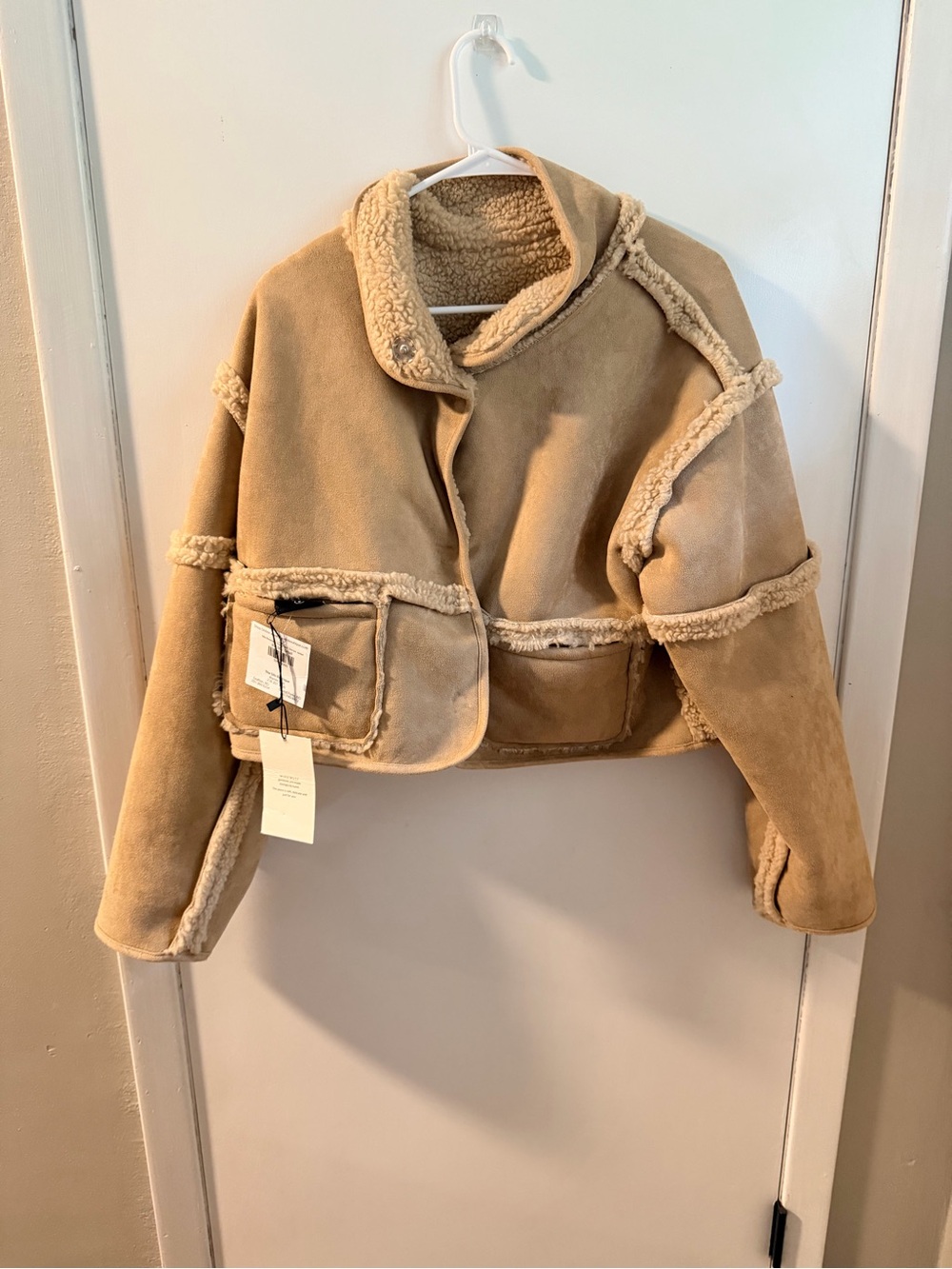 Cropped Teddy Shearling Jacket in Tan and Cream